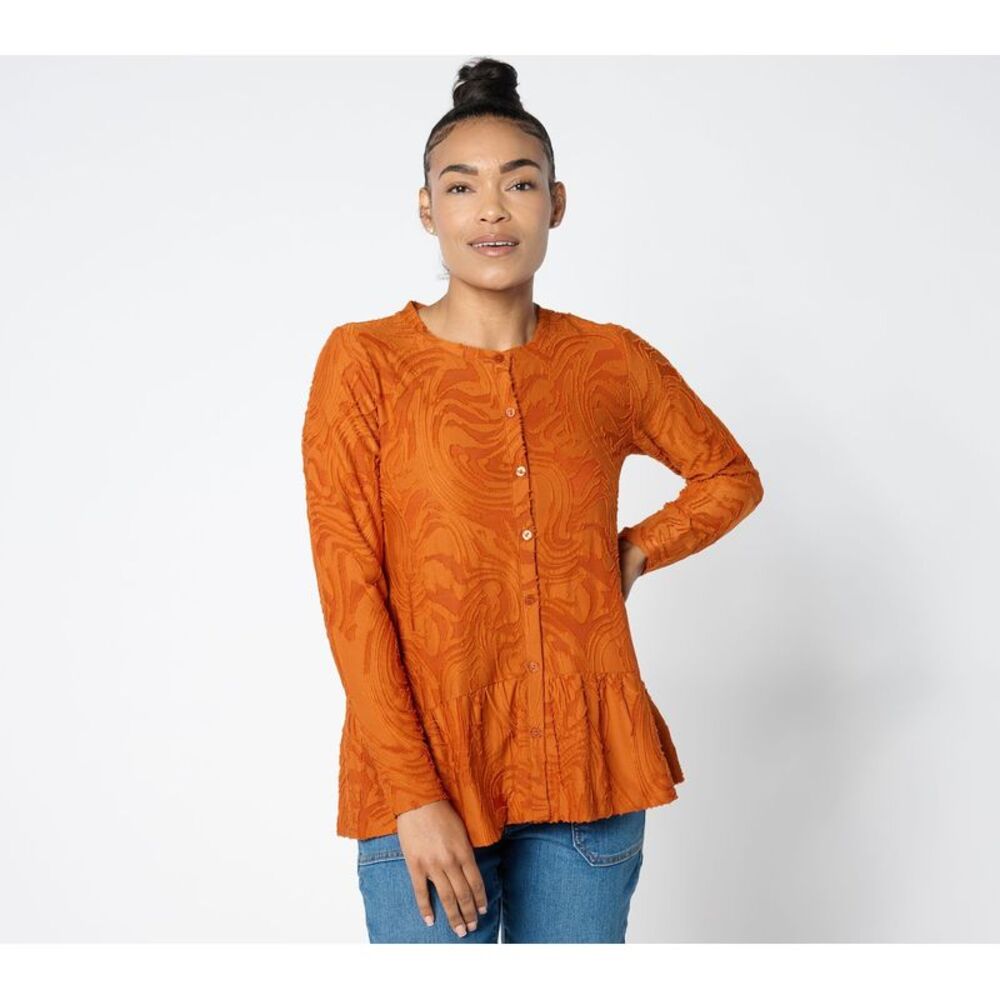 LEGO Women's Top Plus Sz Sweater 1X Crew Neck Jacquard Cardigan Orange A659826